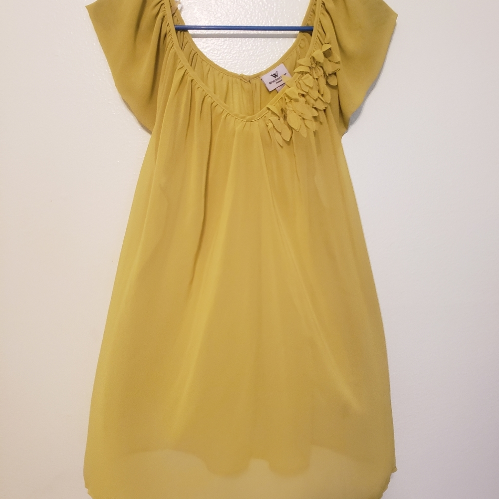 Lime green sheer blouse with flowers on collar.